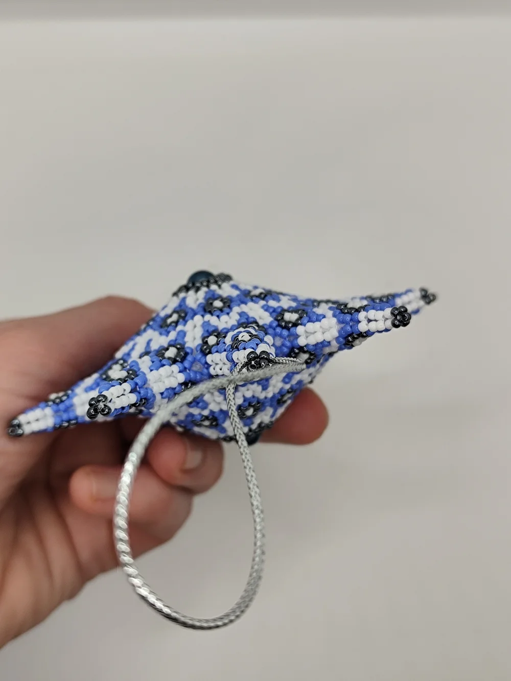 Beaded Starburst Ornament in Blue, White & Black - Holiday Hanging Decoration